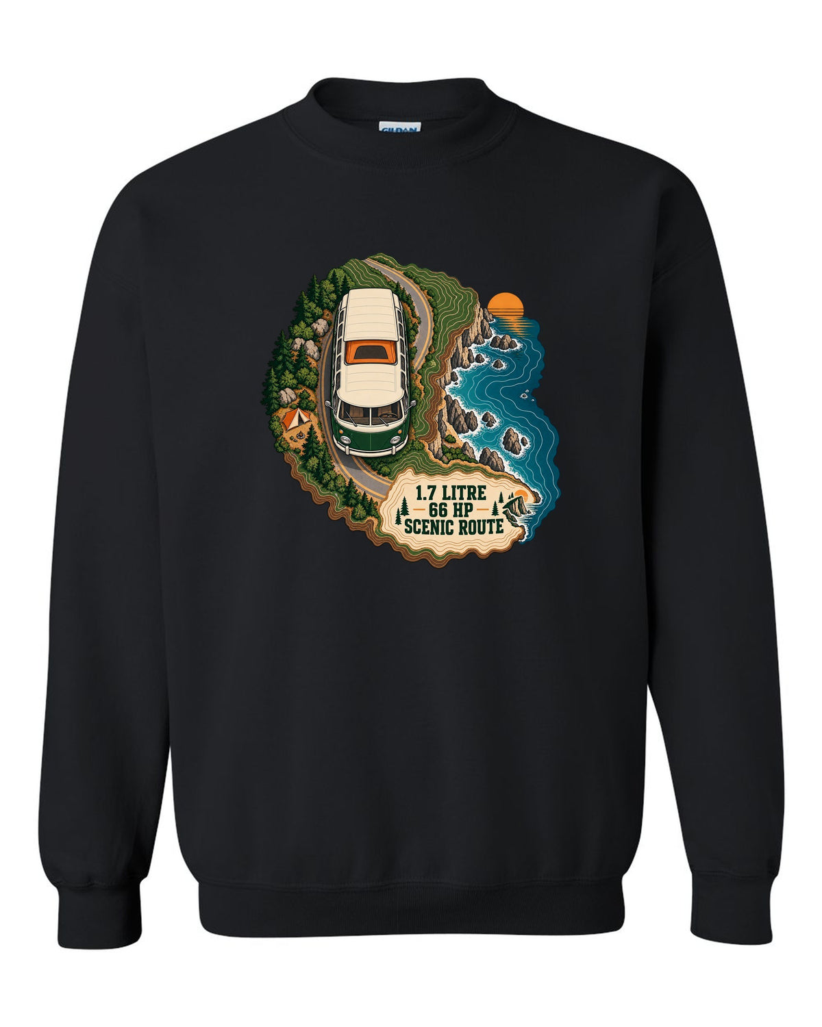 Topographic route map print of a 1972 VW Bus T2 bay window with scenic route lettering black crewneck front view with the design