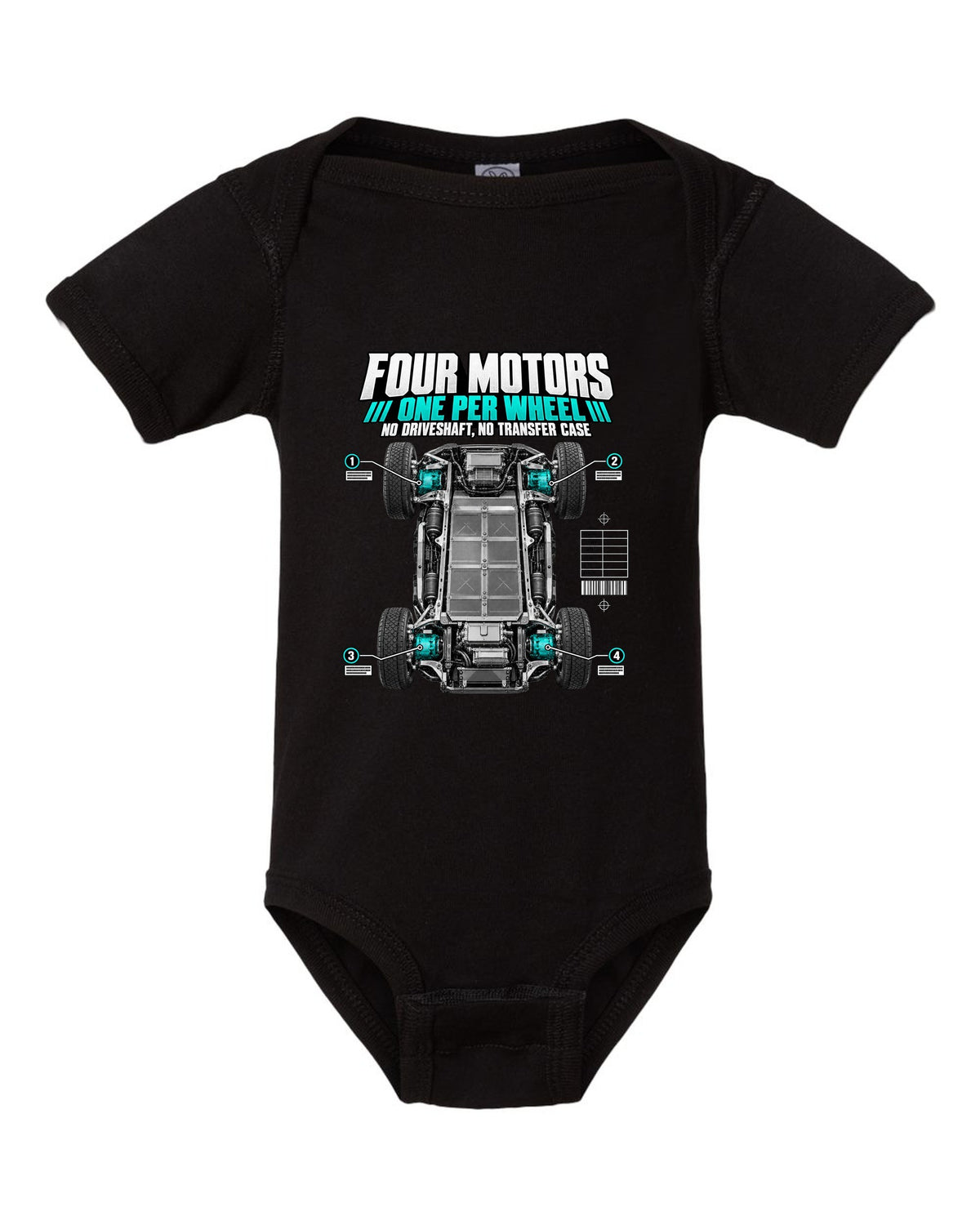 Rivian R1T Quad Motor 2022 layout with four motors, one per wheel, no driveshaft and no transfer case black baby onesie front view with the design