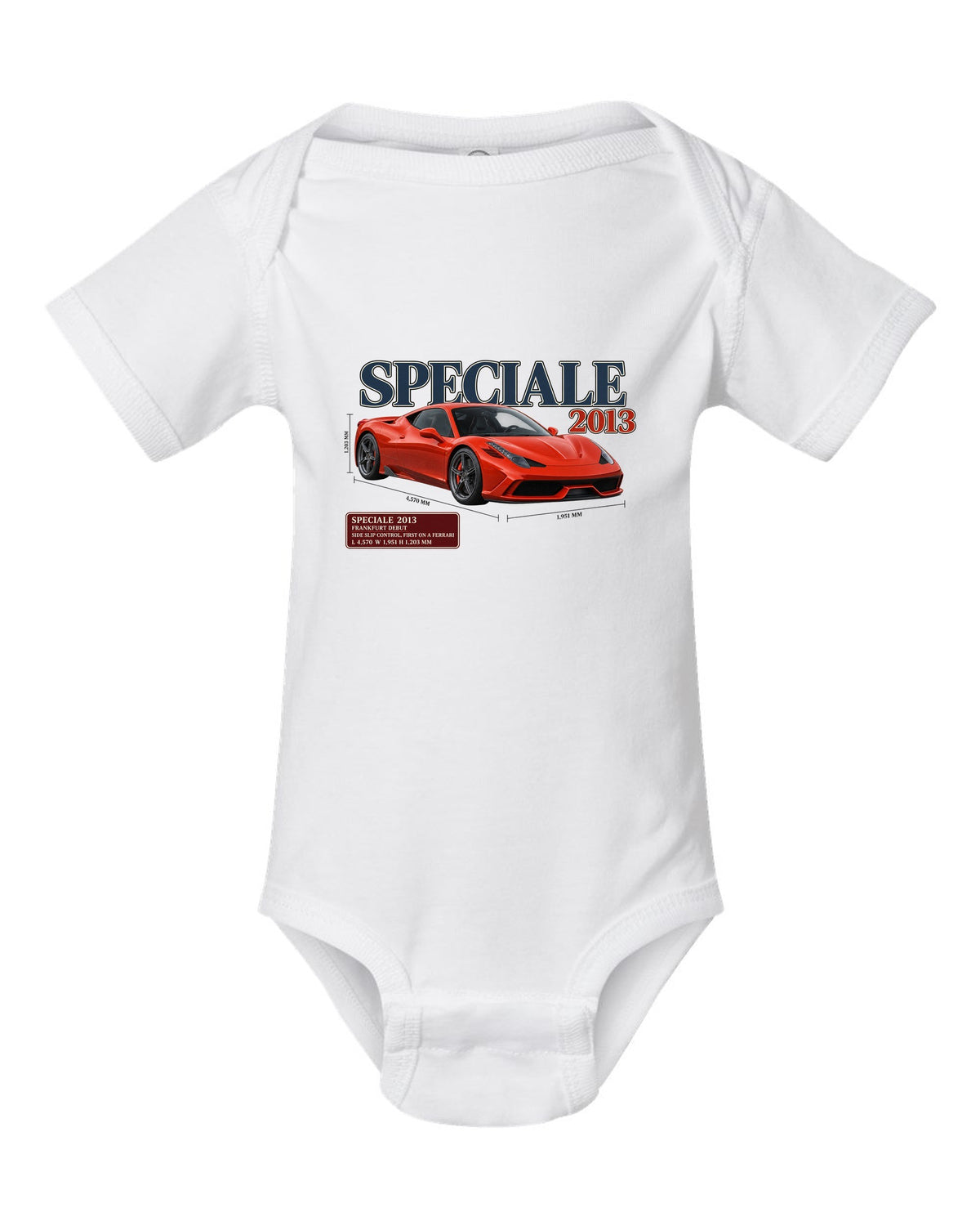 Archive panel print of the Ferrari 458 Speciale in red-orange white baby onesie front view with the design