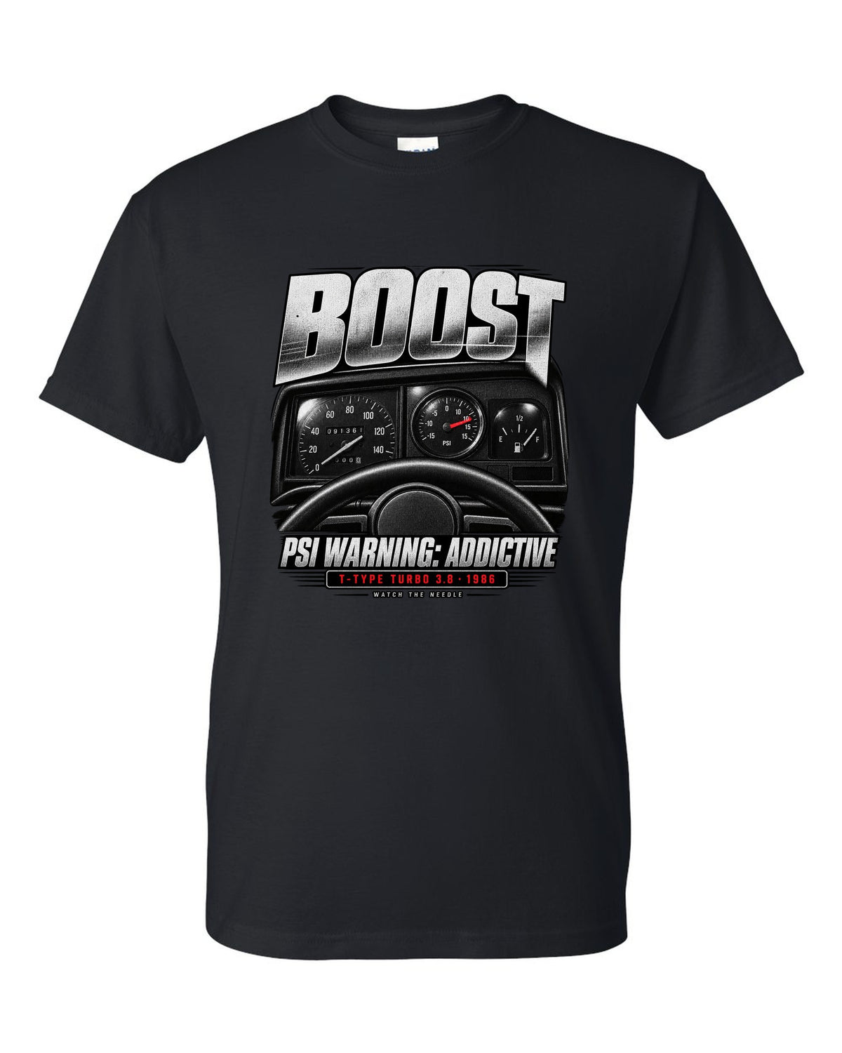 1986 Buick Grand National boost gauge cockpit print with T-Type turbo text black t-shirt front view with the design