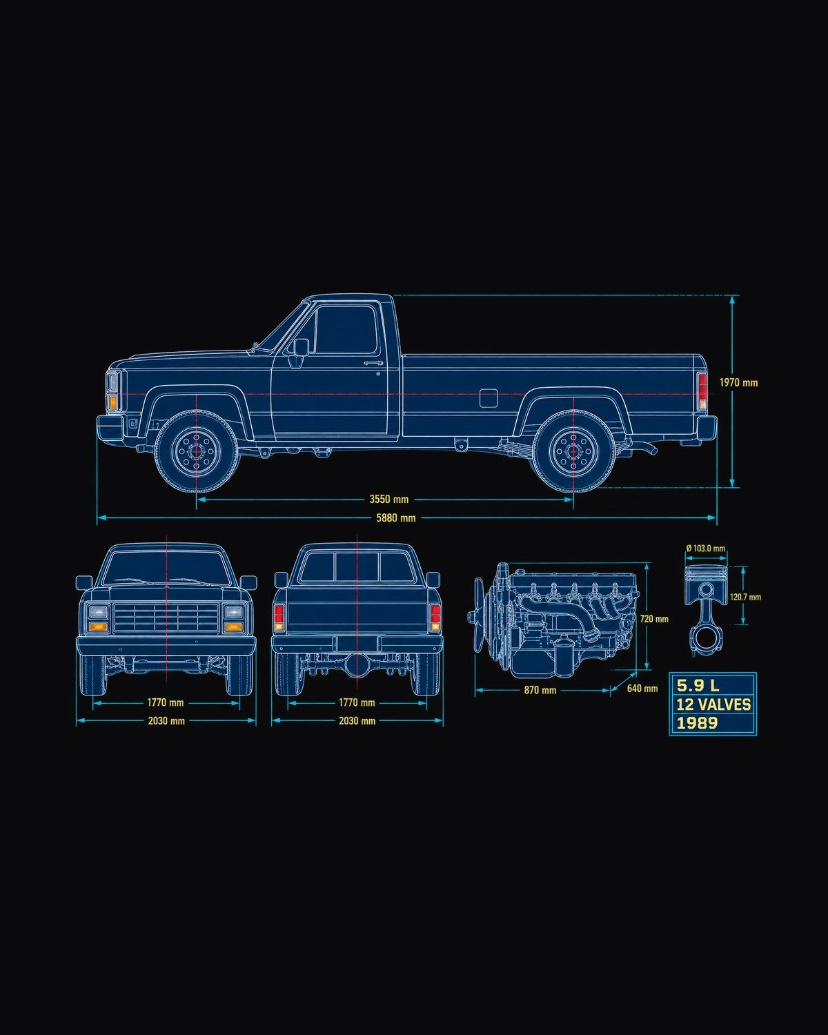 Dodge Ram D250 Cummins 5.9 L Blueprint Shirt, 1989-1993 design only