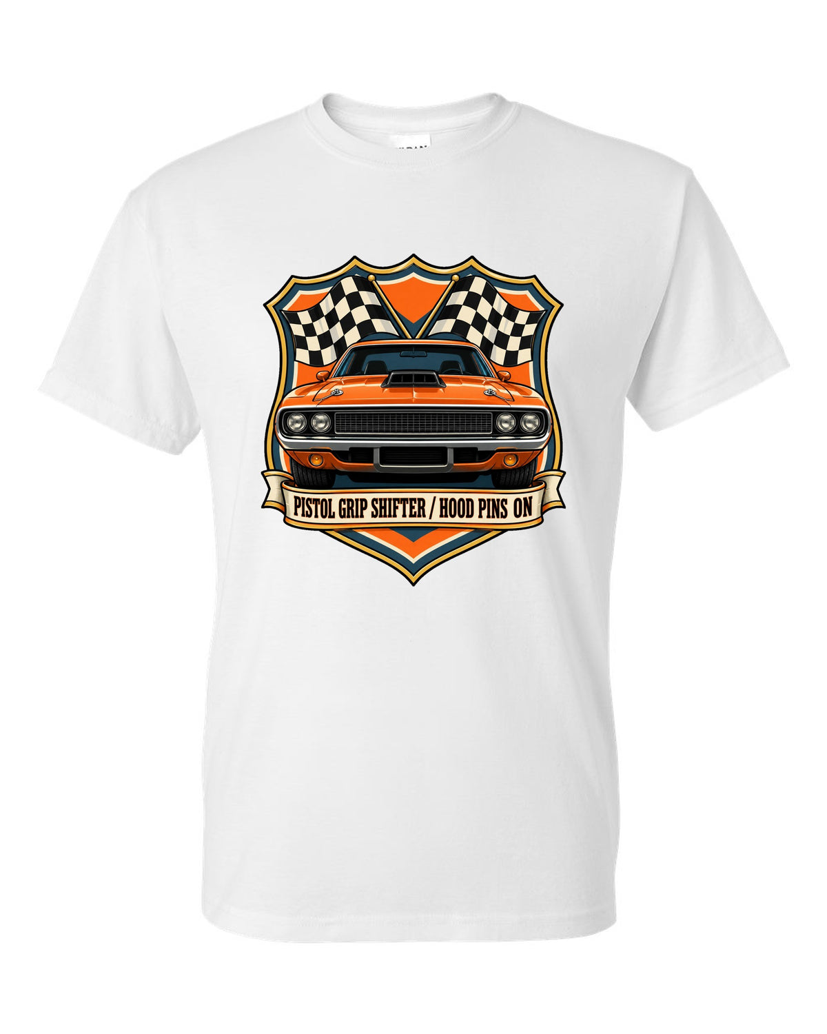 Shield crest design for a 1970 Dodge Challenger R/T E-body with pistol grip shifter caption white t-shirt front view with the design
