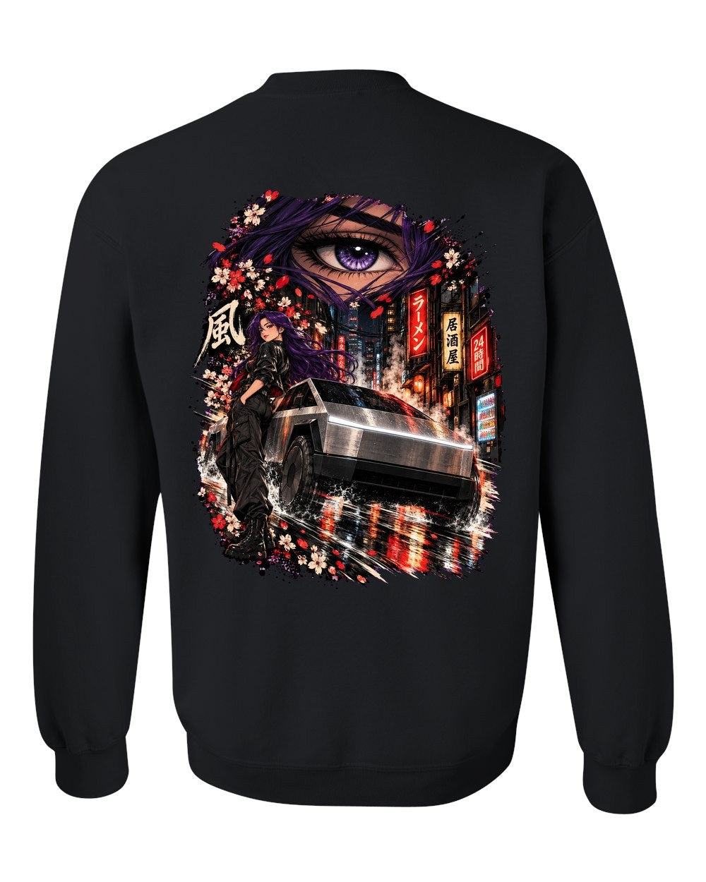 Tesla Cybertruck Anime Girl Crewneck Black back