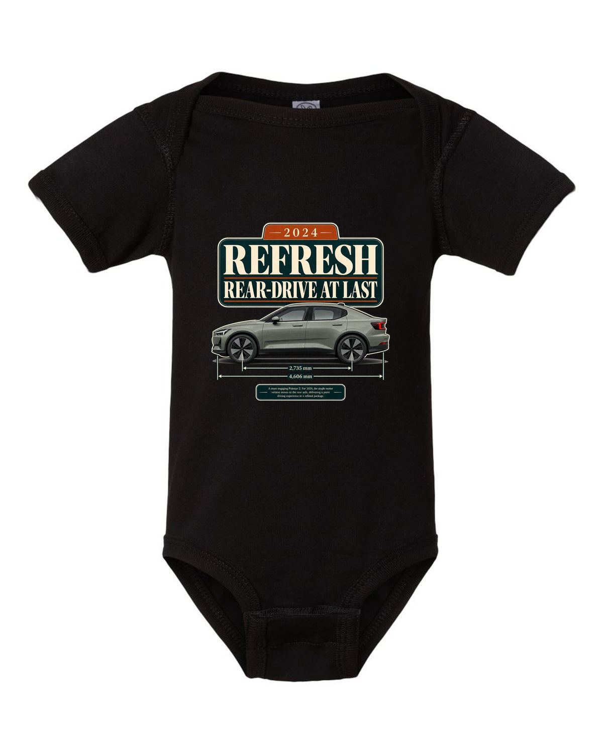 Polestar 2 2024 refresh editorial headline print on a shirt black baby onesie front view with the design