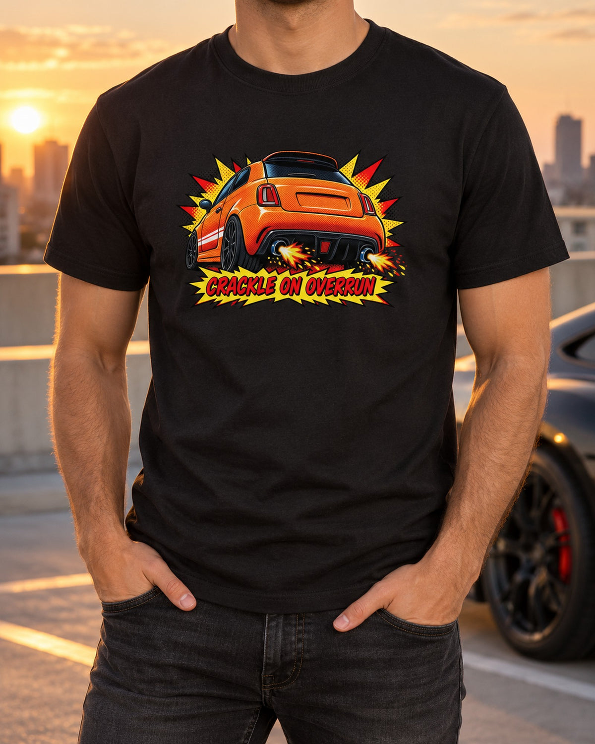 Fiat 500 Abarth Overrun Crackle Comic Halftone Shirt T-Shirt Black worn hero