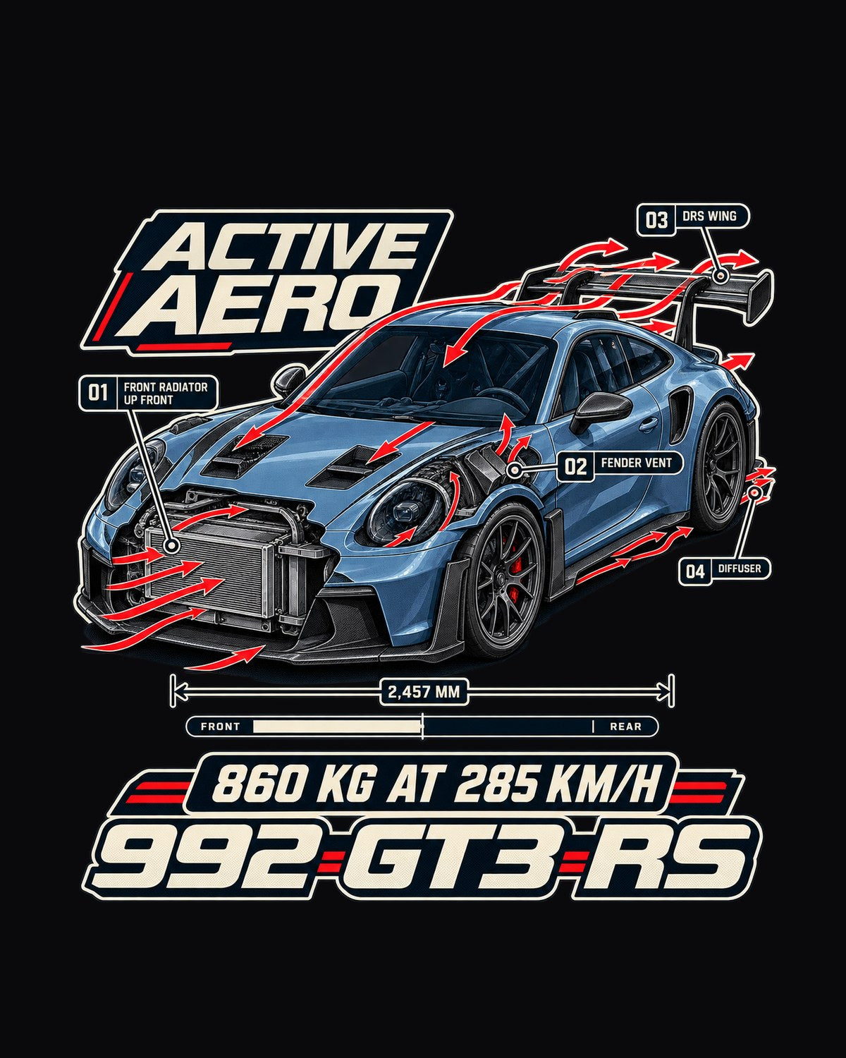 992 GT3 RS Aero Callouts Shirt, Porsche Active Aero Car Tee design only