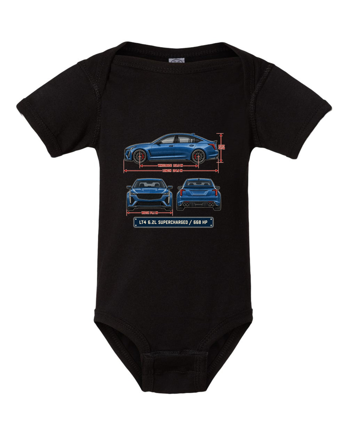 Dimension blueprint print of a Cadillac CT5-V Blackwing sedan black baby onesie front view with the design
