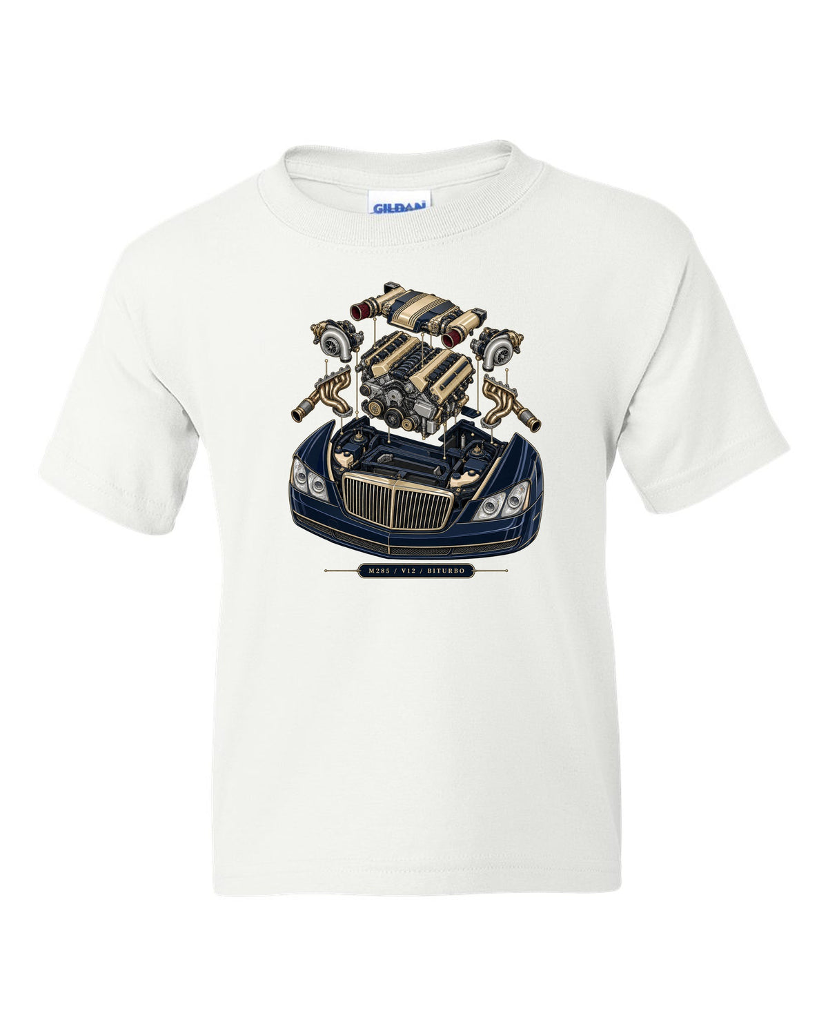 Pastel vaporwave rear view of the one-off Maybach Exelero on a shirt back white kids tee front view with the design