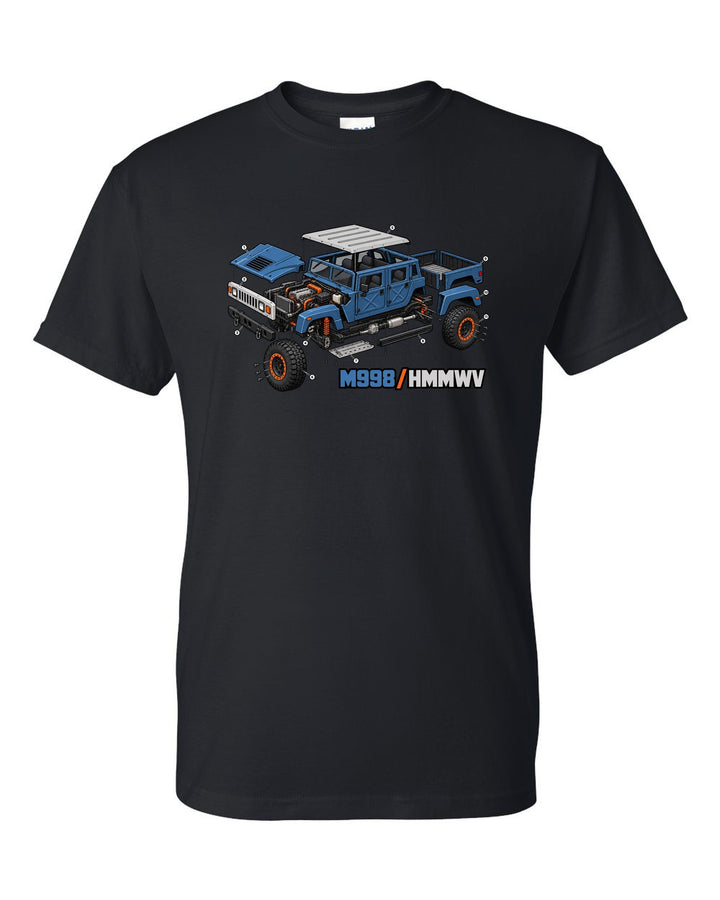 Isometric exploded cutaway drawing of a 1992-2006 Hummer H1 with M998 and HMMWV text black t-shirt front view with the design
