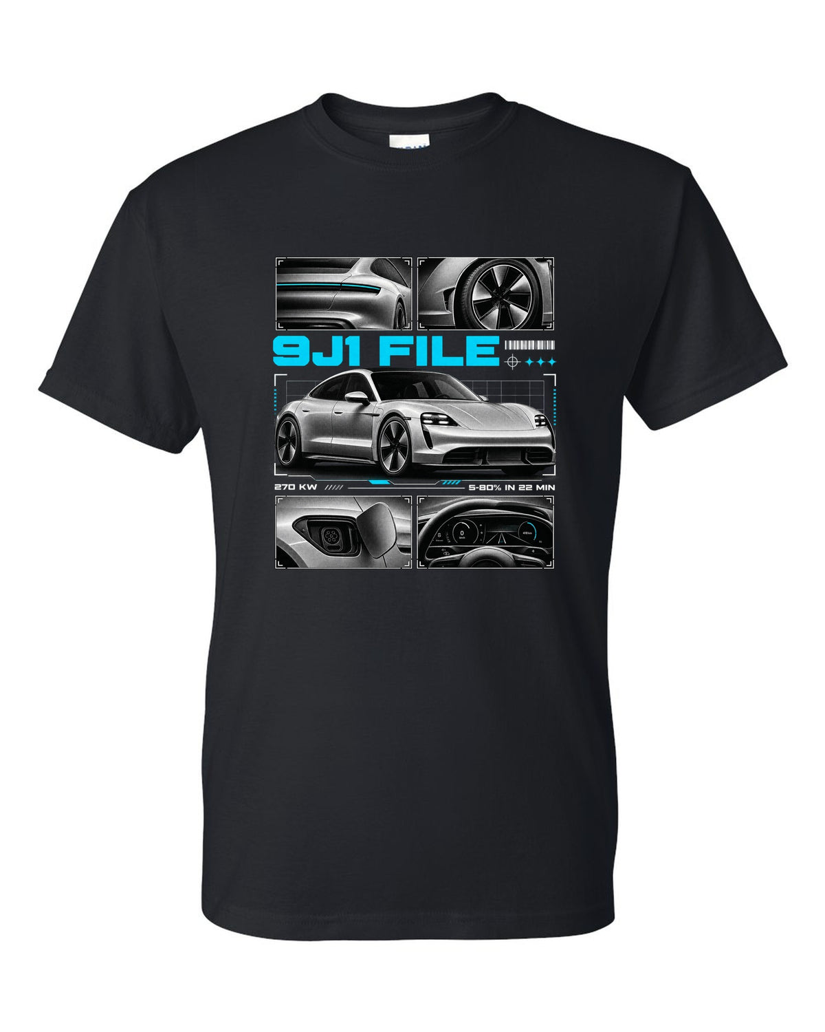 Porsche Taycan Turbo S 9J1 dossier panel design with charging figures black t-shirt front view with the design