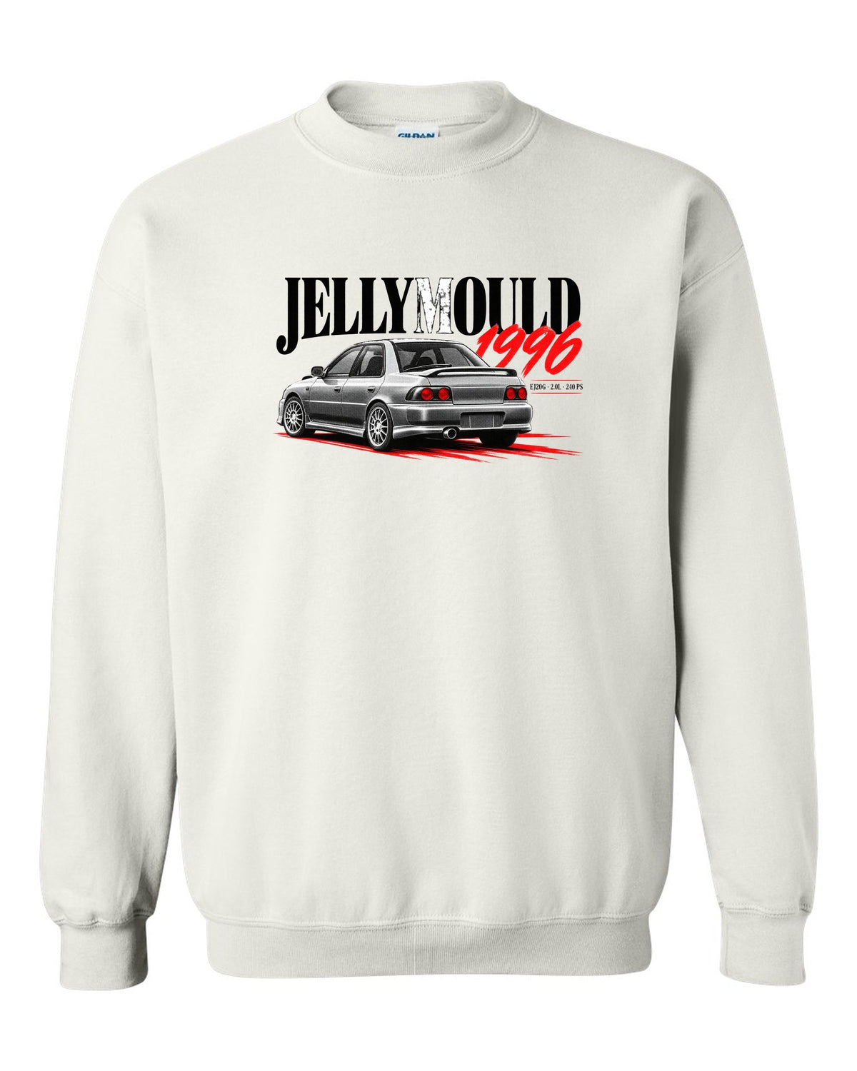 Subaru Impreza WRX GC8 saloon 1996 with Jellymould headline and EJ20G 240 PS text white crewneck front view with the design