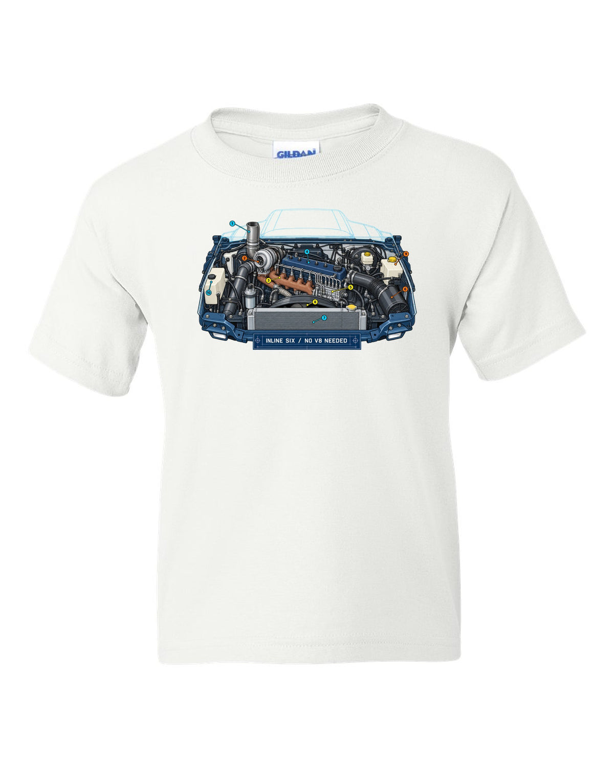 Blueprint-style print of a 1994-1998 Dodge Ram 2nd gen 5.9 inline-six diesel engine bay white kids tee front view with the design