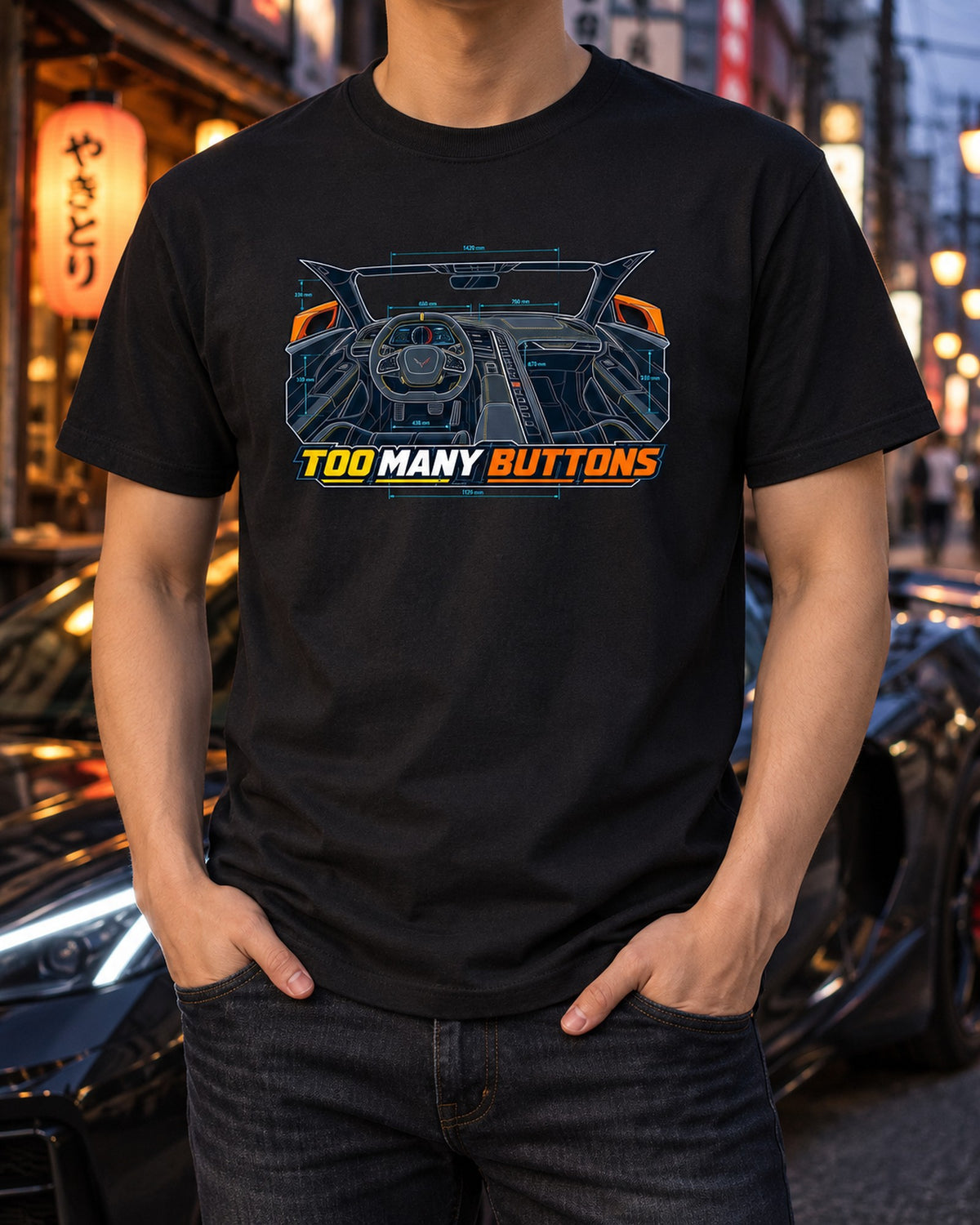 Corvette C8 Stingray Cockpit Blueprint Tee, Too Many Buttons T-Shirt Black worn hero
