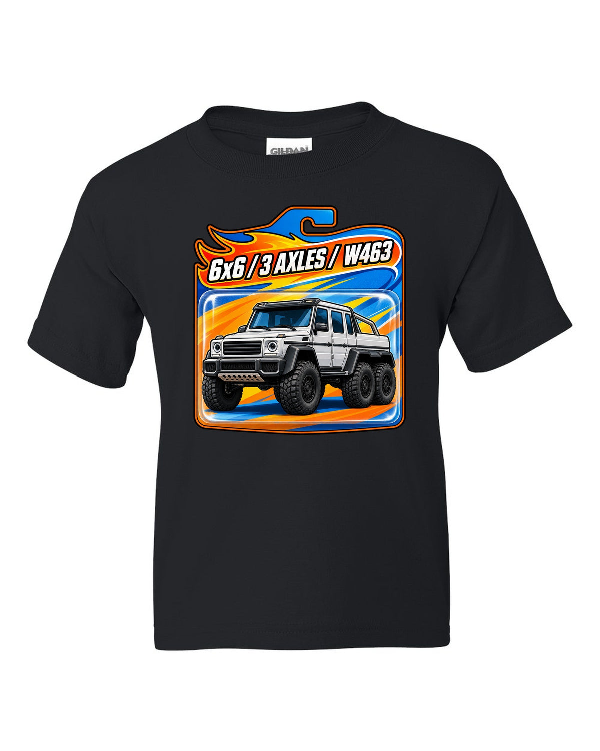 Toy blister card graphic of a Mercedes G63 6x6 W463 with three axles, print black kids tee front view with the design