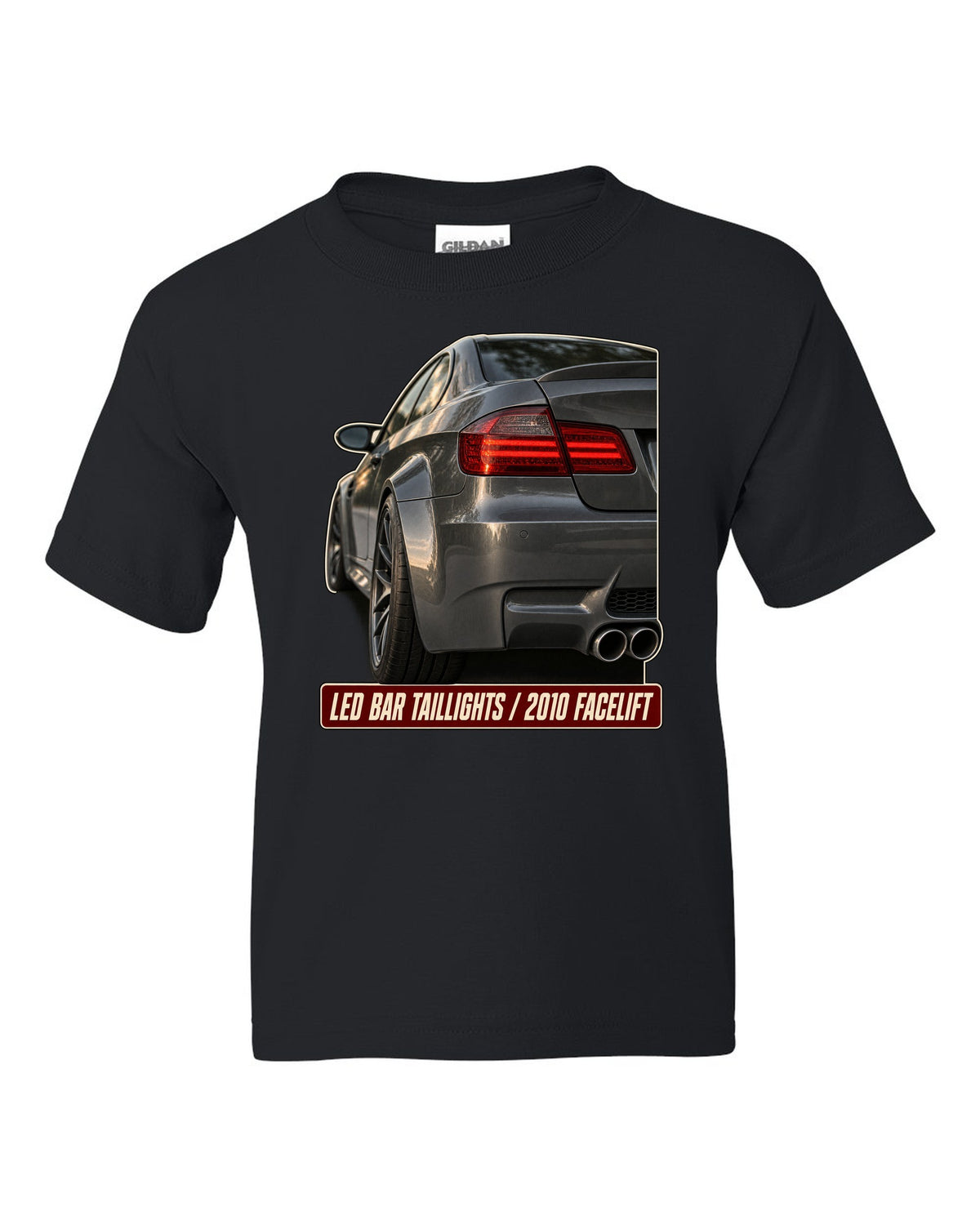 BMW M3 E92 LCI LED bar taillight close-up print black kids tee front view with the design