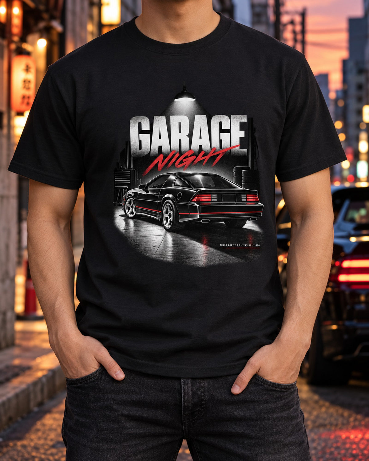 1990 Camaro IROC-Z Garage Night Tee, Tuned Port 5.7 V8 T-Shirt Black worn hero