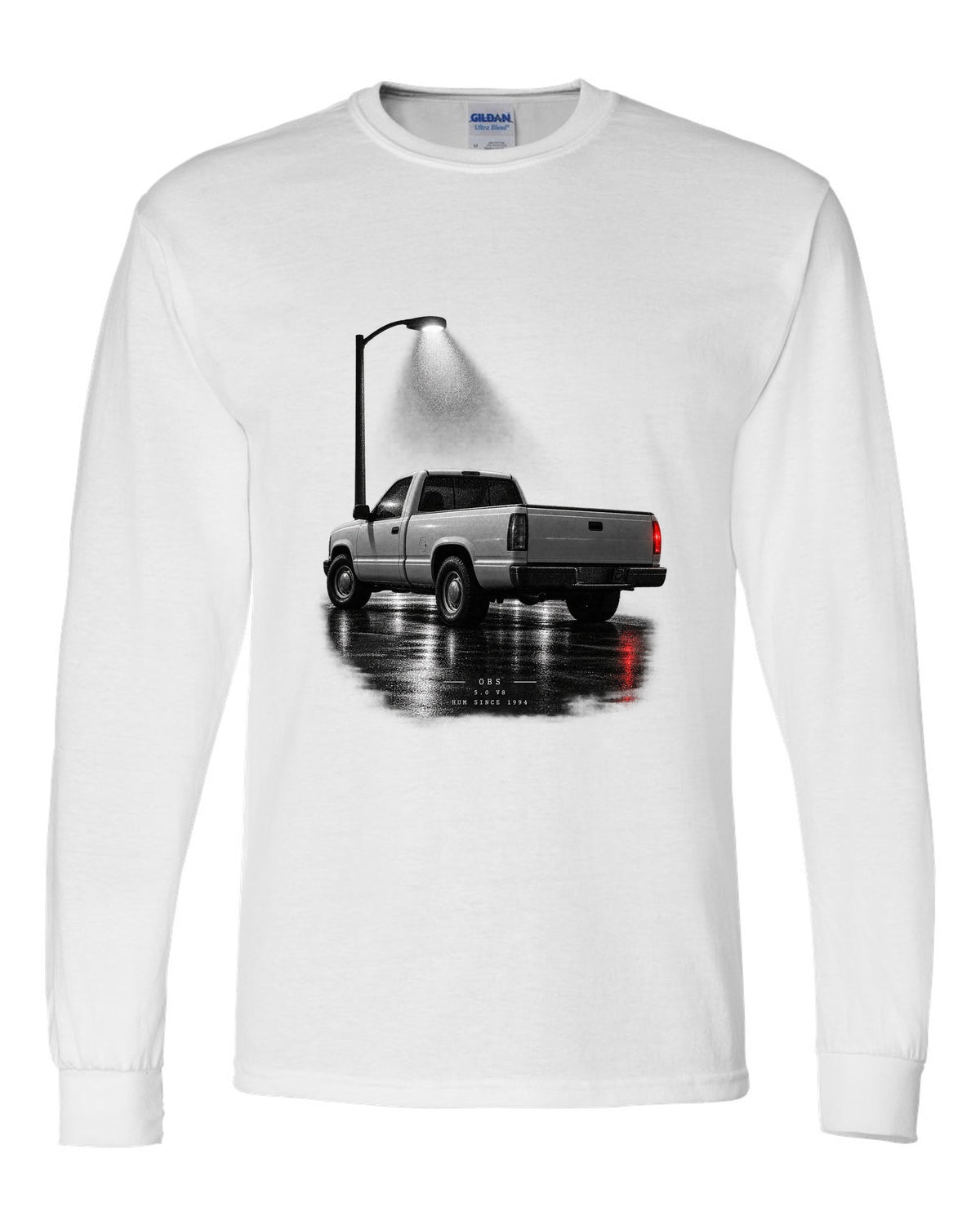 Night garage print of a 1992-97 Ford F-150 OBS truck with 5.0 V8 lettering white long sleeve front view with the design