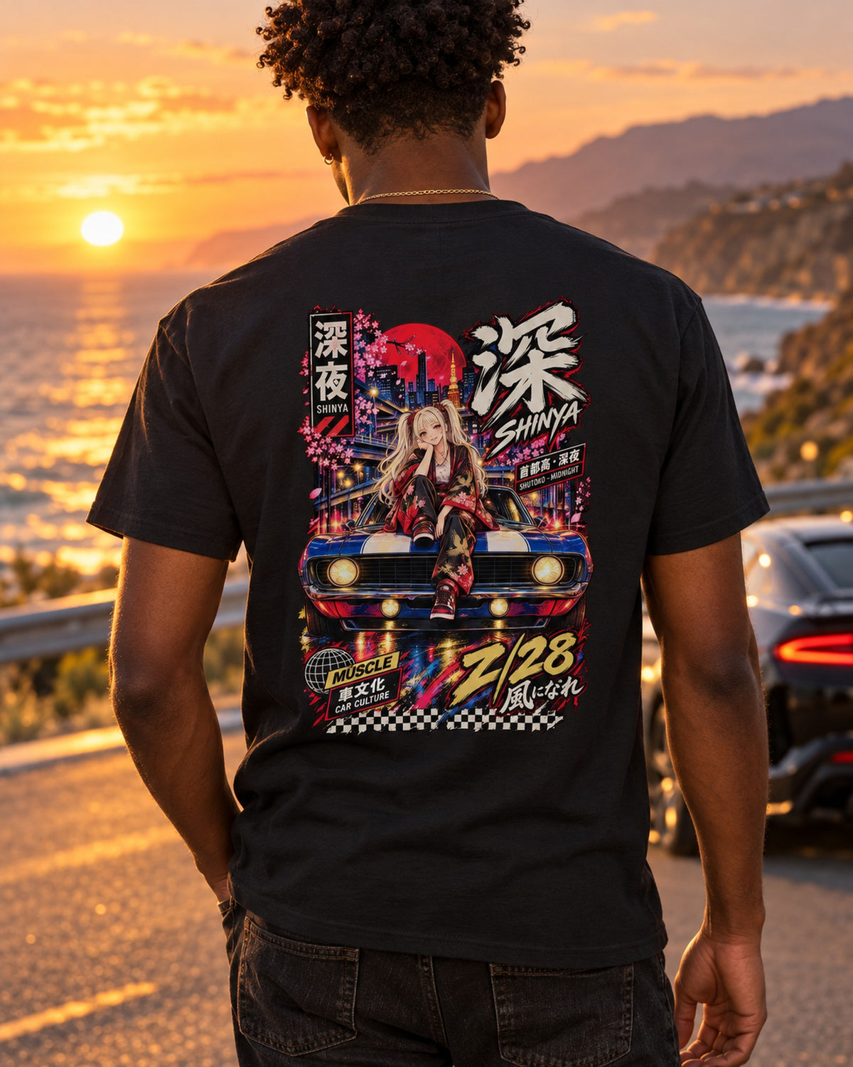 SHINYA Z/28 Anime Girl Full-Back Graphic Tee T-Shirt Black worn hero