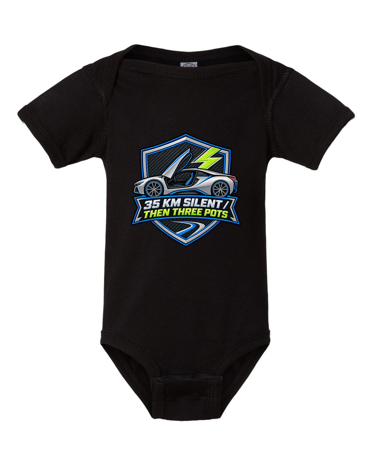 Stencil spray-paint print of BMW X5 M F85 quad exhaust pipes black baby onesie front view with the design