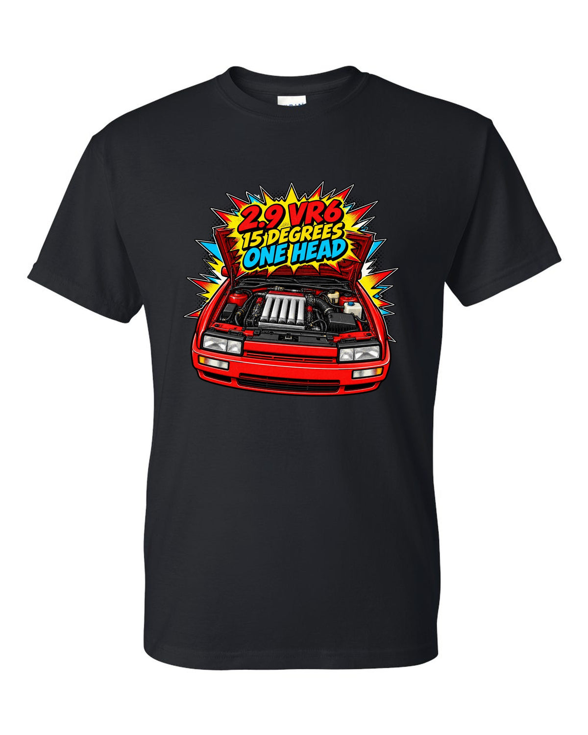 Comic halftone pop-art VW Corrado VR6 with 2.9 VR6 15 degrees one head text black t-shirt front view with the design