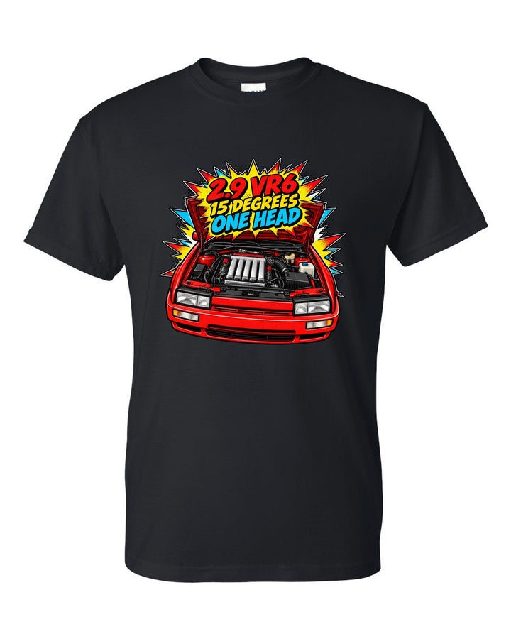 Comic halftone pop-art VW Corrado VR6 with 2.9 VR6 15 degrees one head text black t-shirt front view with the design