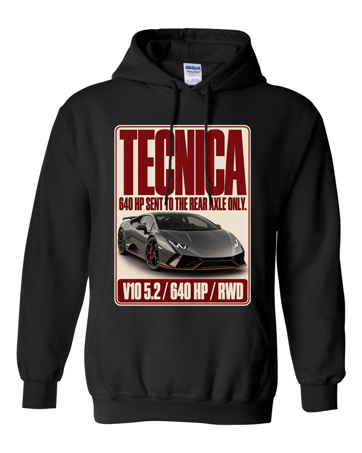 Editorial headline print of the Lamborghini Huracan Tecnica black pull over hoodie front view with the design