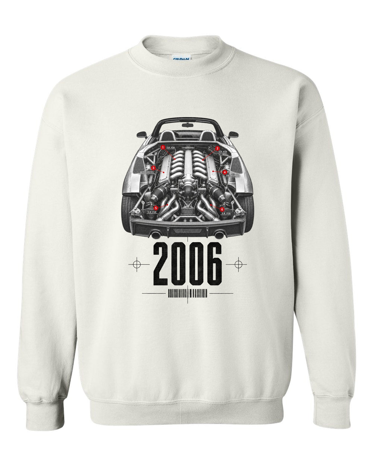 Engine hero print of a Lamborghini Gallardo Spyder with 5.0 V10 and 90 Degrees text white crewneck front view with the design