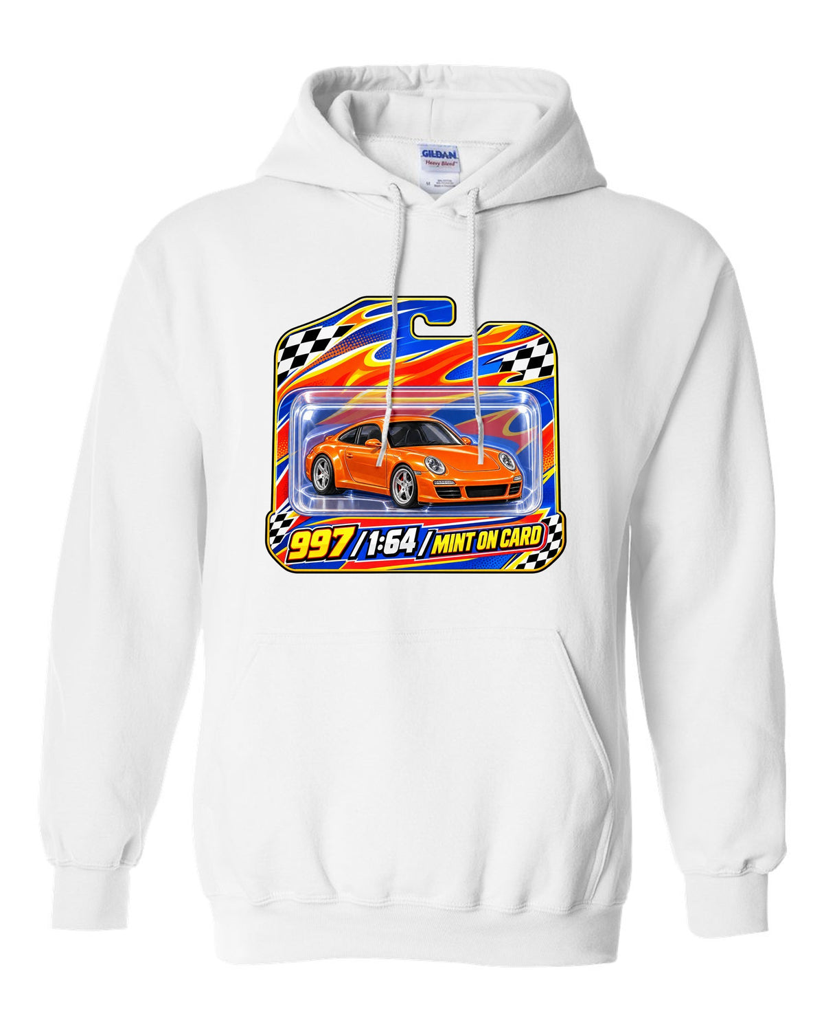 Sticker-bomb collage print of a Porsche 911 996 Carrera with the text 996 IMS never heard of it white pull over hoodie front view with the design