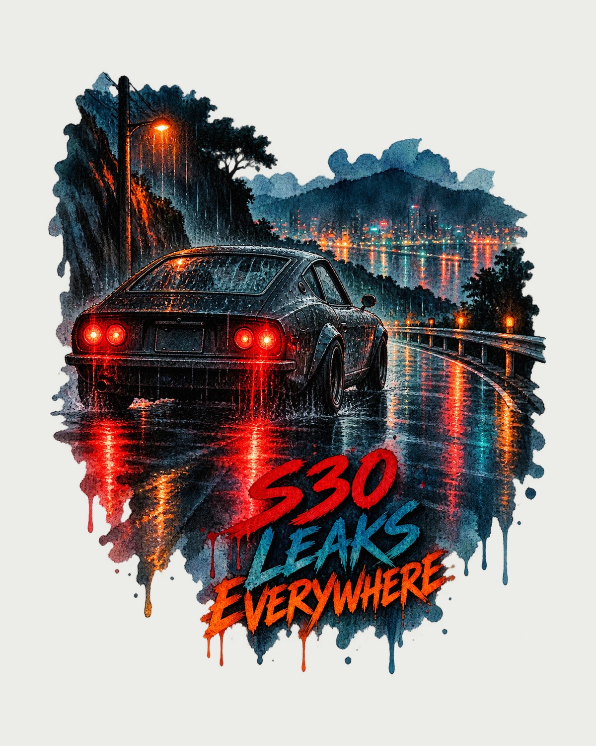 Nissan Fairlady Z S30 Rain Leaks Watercolour Wet-Road Night Shirt design only