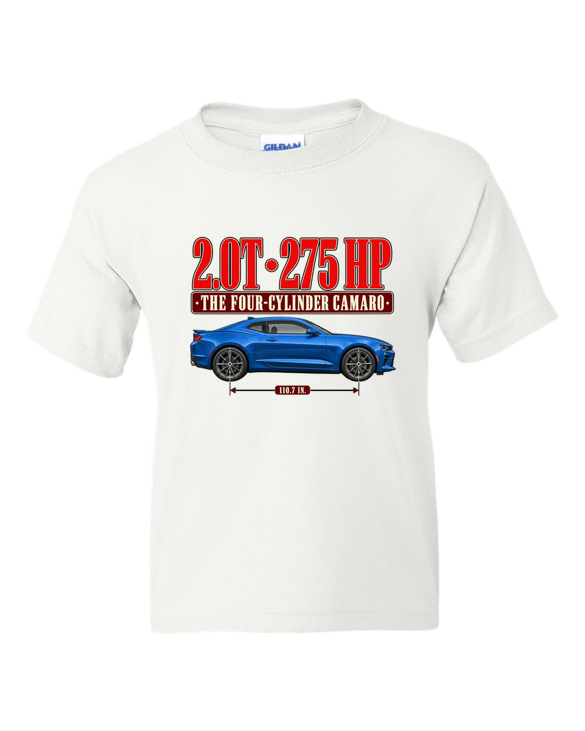 Editorial headline print for a Chevrolet Camaro 2.0T Turbo 1LE white kids tee front view with the design
