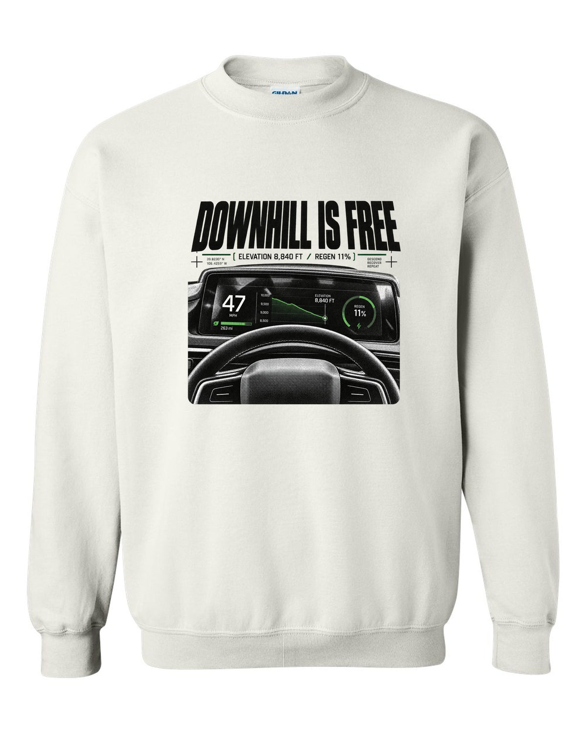 Rivian R1T 2022 cockpit gauge readout with downhill is free, elevation 8,840 ft and regen 11% white crewneck front view with the design