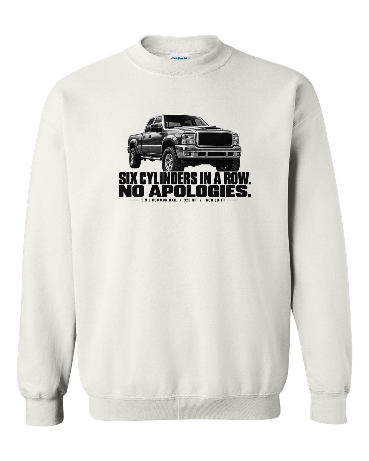 Halftone print of a 2003-09 Dodge Ram 2500 3rd gen in a front three-quarter view white crewneck front view with the design