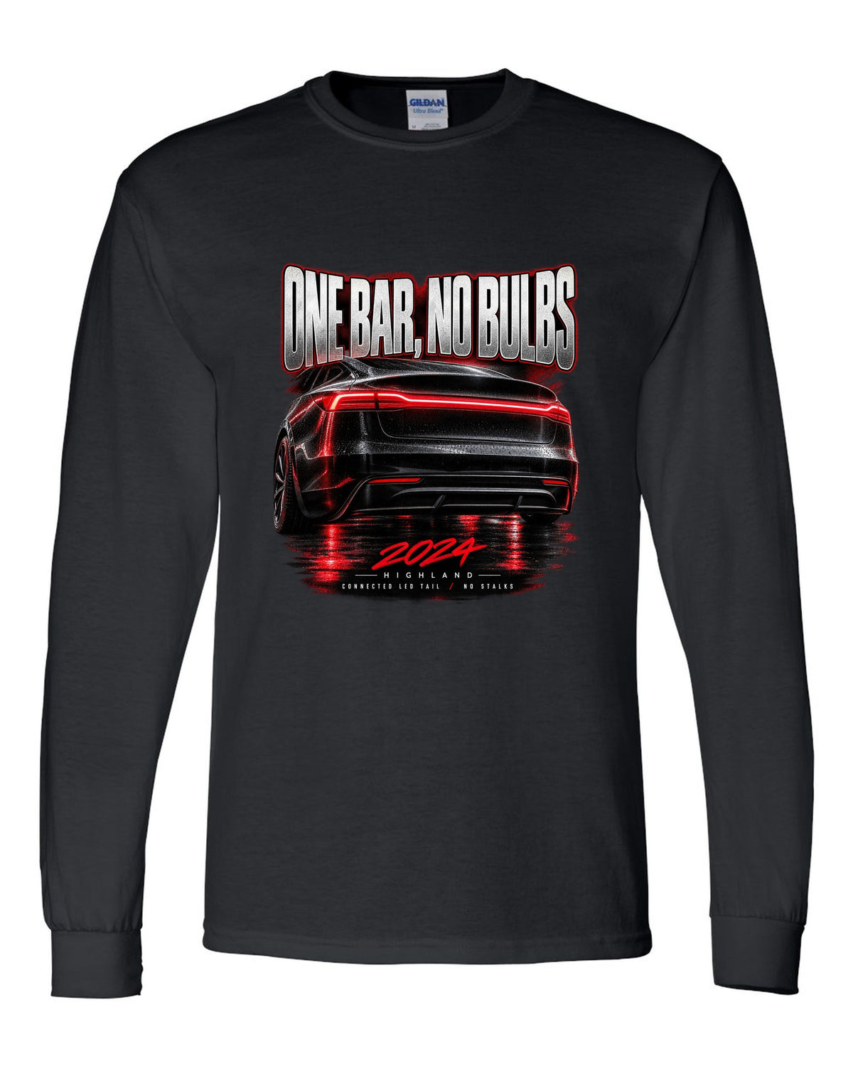 Taillight macro print of a 2024 Tesla Model 3 Highland connected LED tail black long sleeve front view with the design