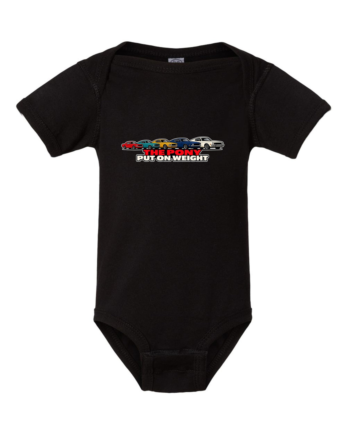 Generation evolution lineup print of five first-generation Ford Mustangs 1965-73 black baby onesie front view with the design