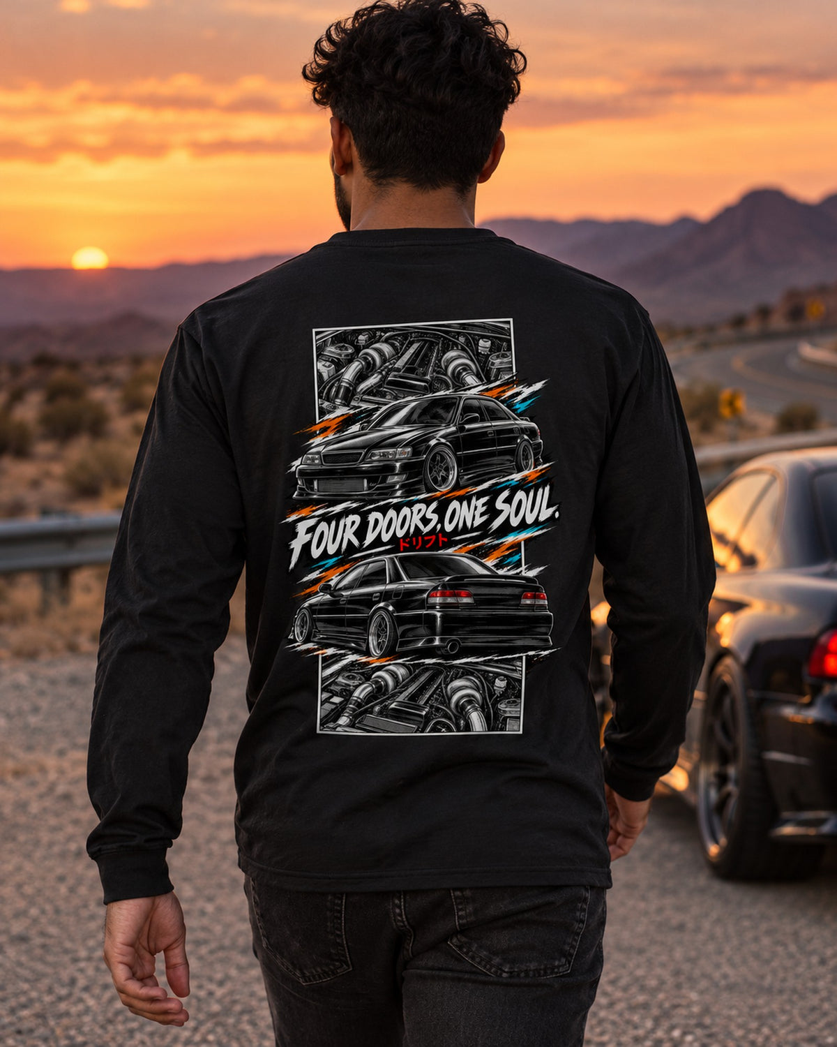 Toyota Chaser Jzx100 Torn Poster Full-Back Graphic Tee Long Sleeve Black worn hero