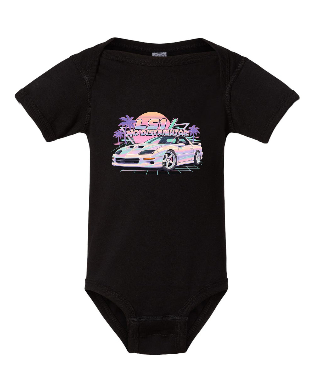 1998 Camaro SS fourth-generation on a pastel vaporwave grid with the text LS1 No Distributor black baby onesie front view with the design