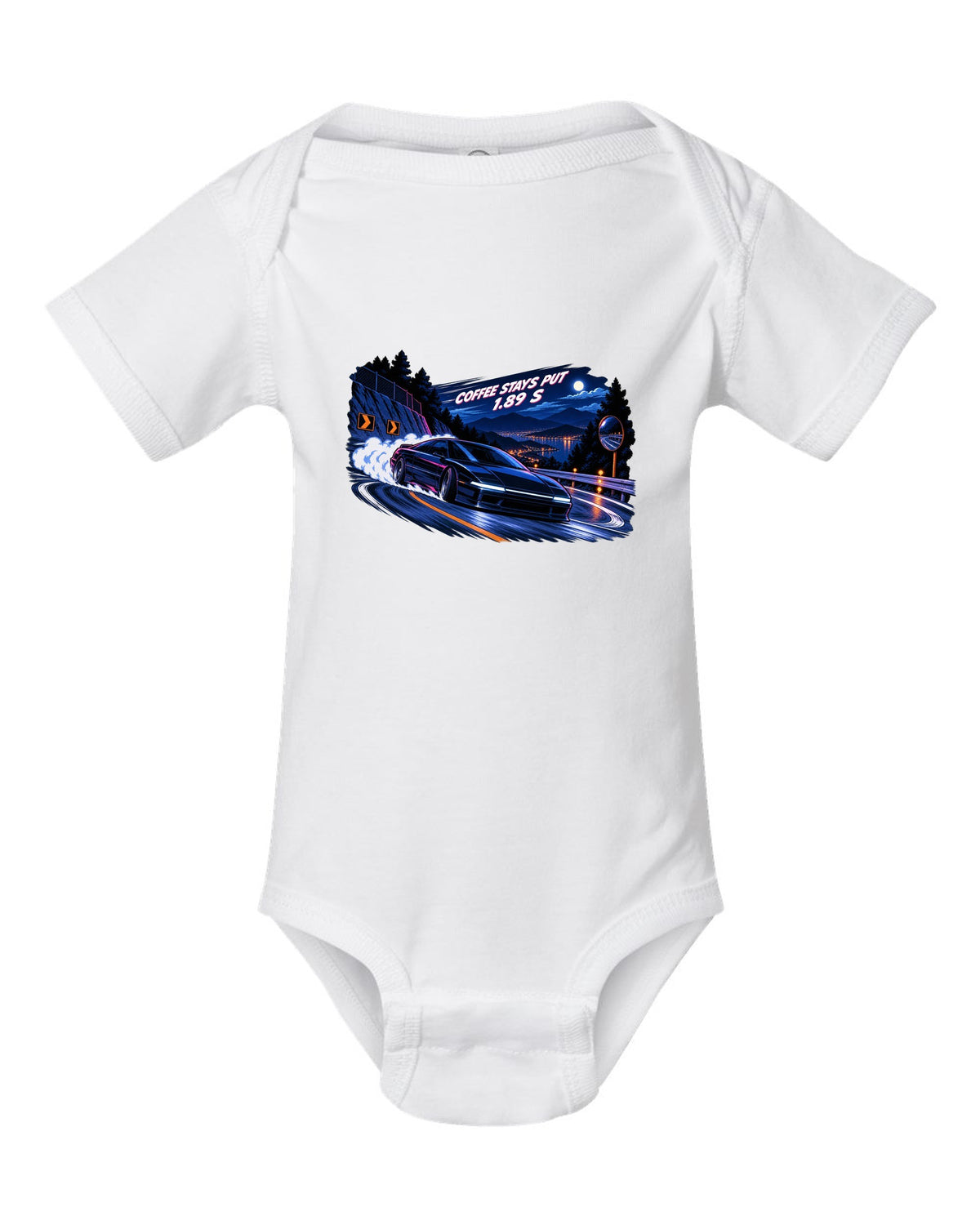 Lucid Air Sapphire cel-shaded 90s anime night touge print with the text coffee stays put 1.89 s white baby onesie front view with the design
