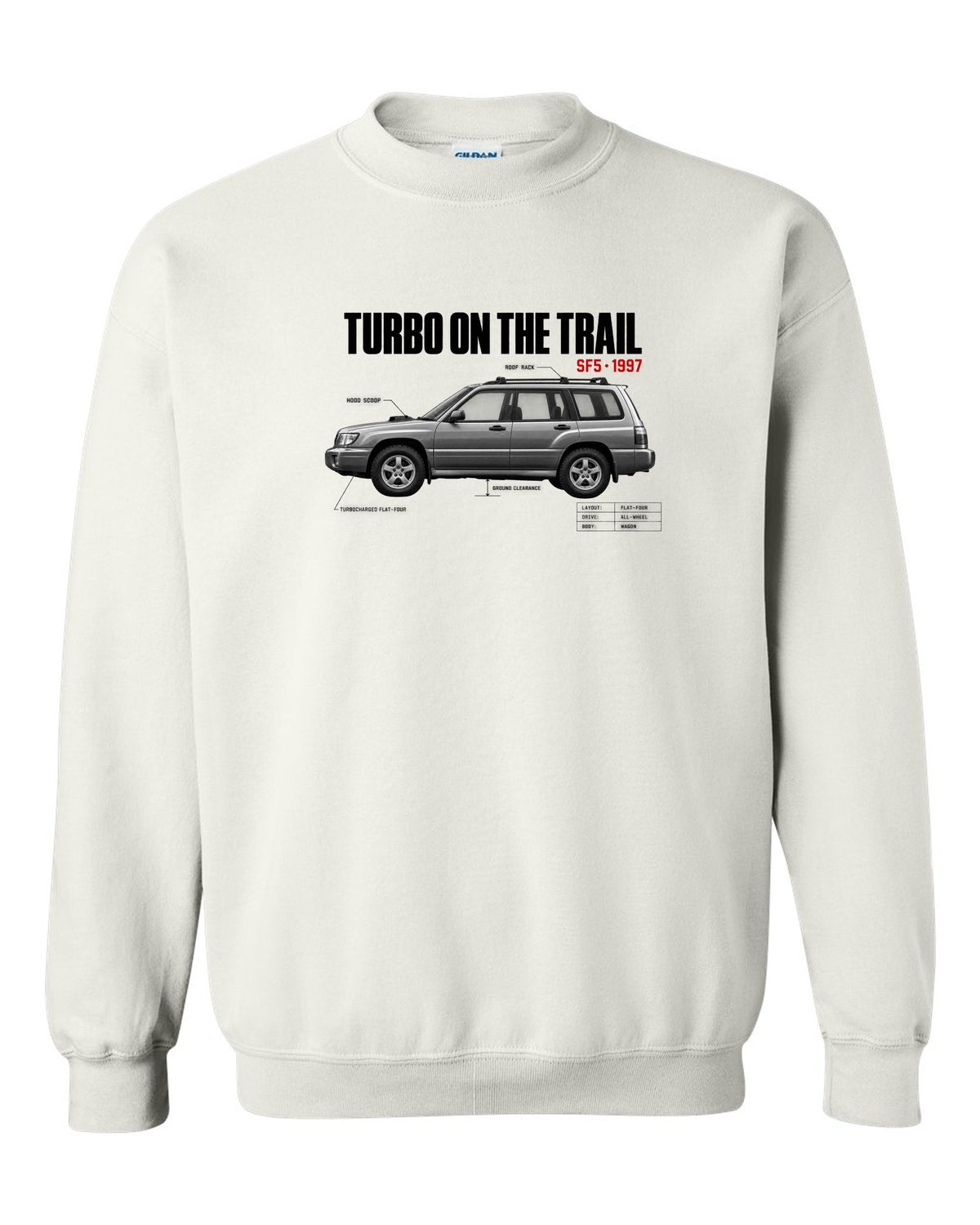 Spec poster print for the Subaru Forester SF5 reading Turbo on the Trail with hood scoop and roof rack details white crewneck front view with the design