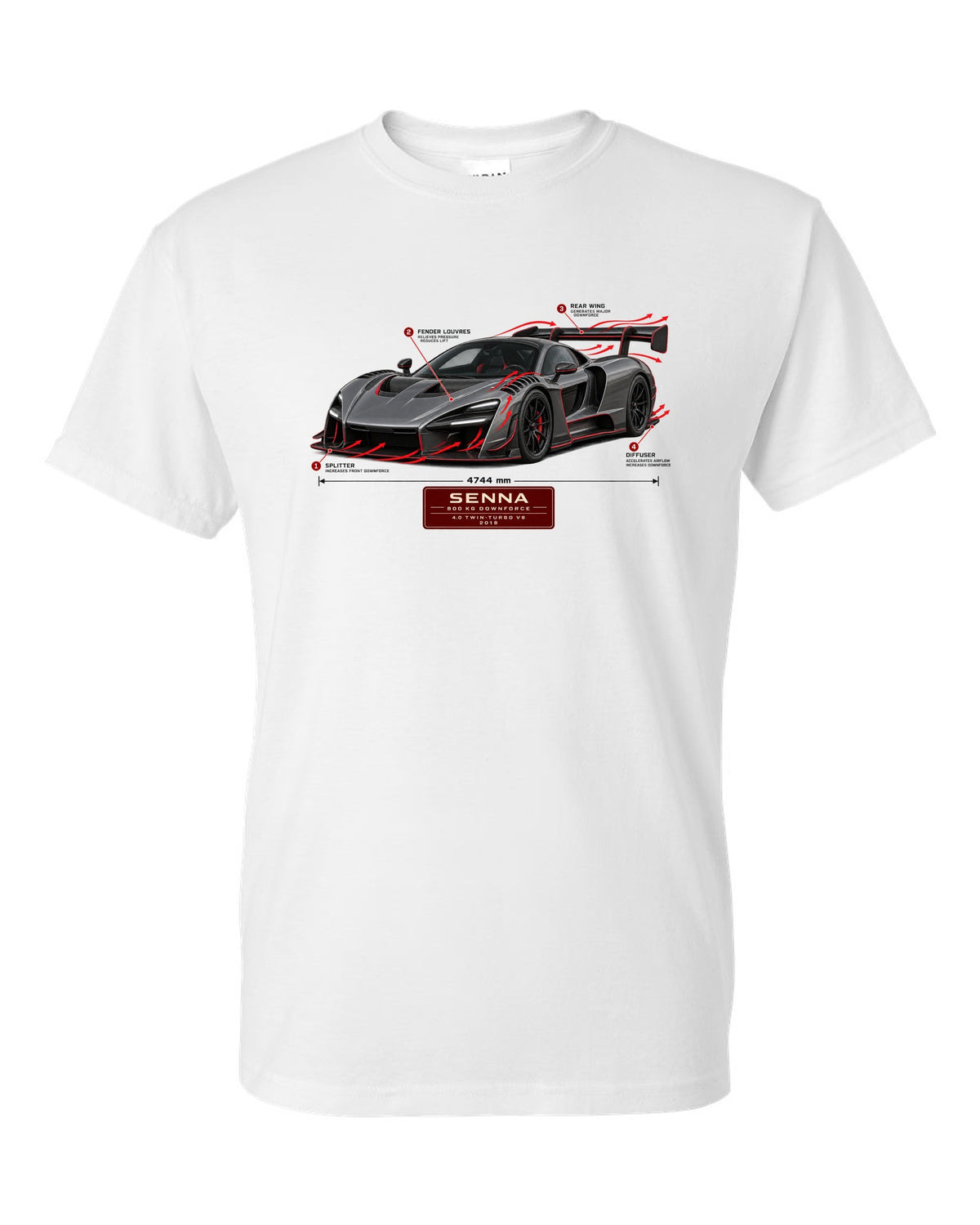 Aero callout print of a McLaren Senna showing 800 kg downforce white t-shirt front view with the design