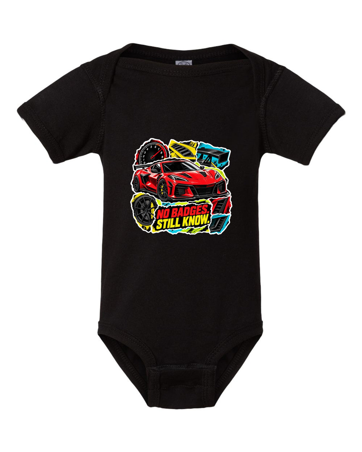 Sticker-bomb collage print of a 2025 Chevrolet Corvette C8 ZR1 with fender vents and rear wing black baby onesie front view with the design