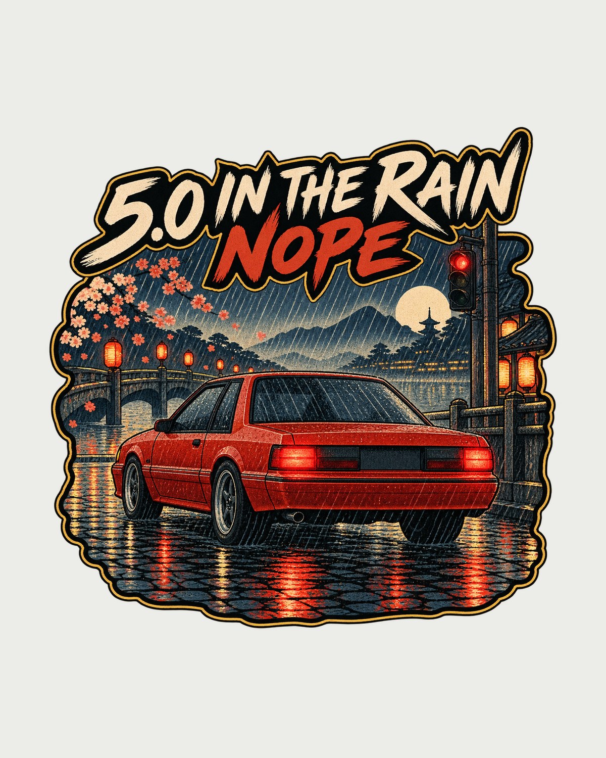 Ford Mustang Fox Body Notchback Woodblock Rain Print Tee design only
