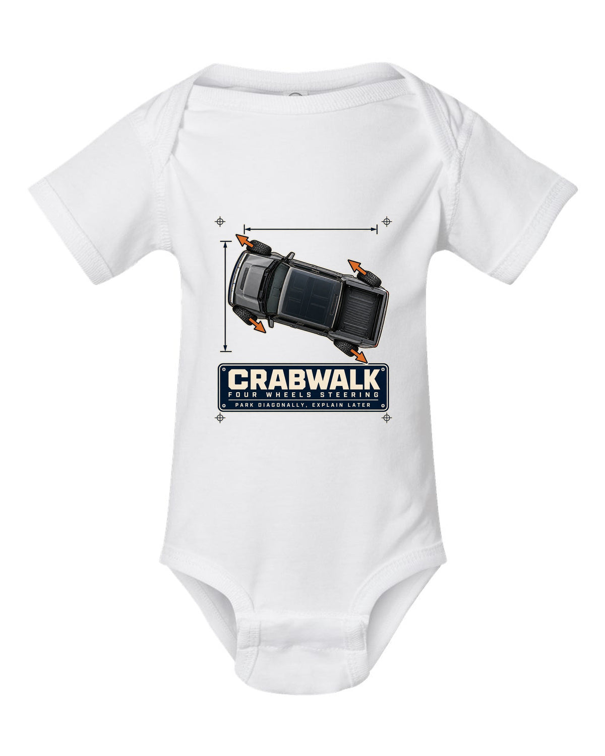 Top-view dimension blueprint print of a Hummer EV pickup showing CrabWalk diagonal steering white baby onesie front view with the design