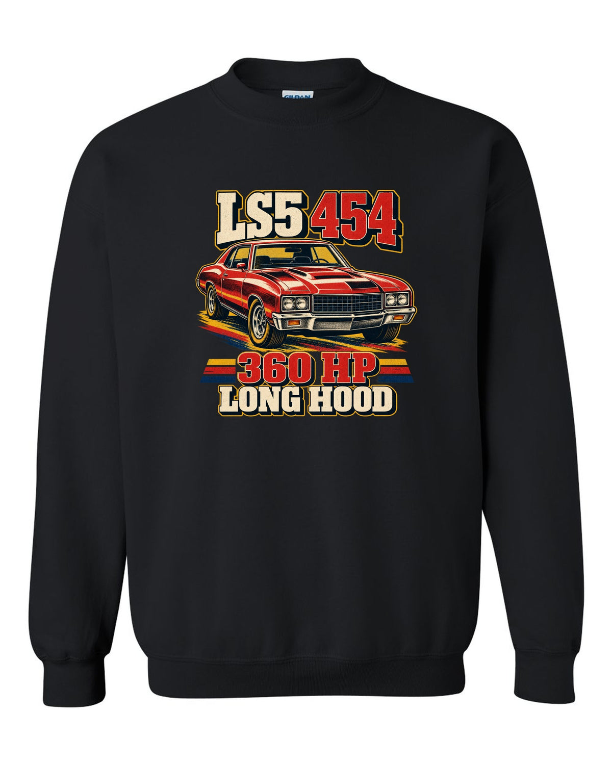 Vintage race poster print of a 1970 Chevrolet Monte Carlo SS 454 with the text LS5 454, 360 HP, Long Hood black crewneck front view with the design