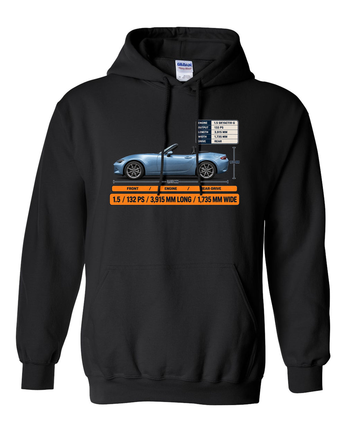 Mazda MX-5 ND 1.5 SKYACTIV-G spec poster print showing power and dimensions black pull over hoodie front view with the design