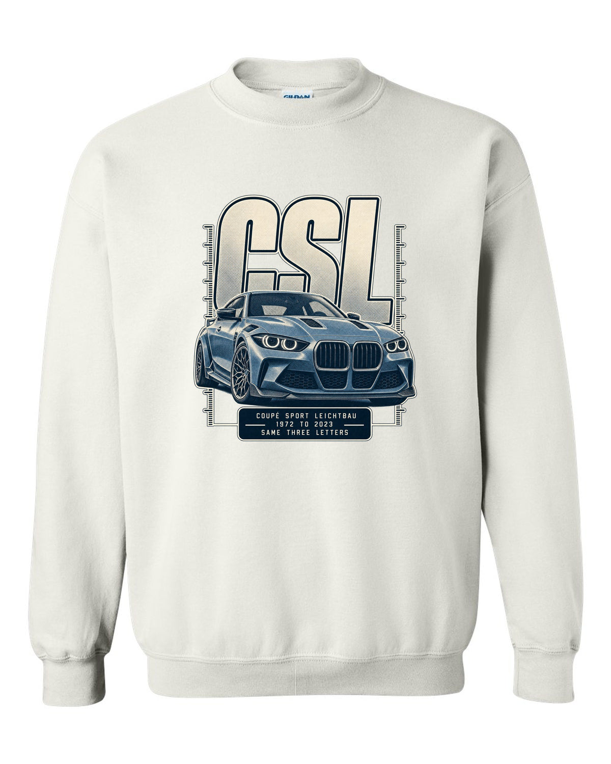 BMW CSL halftone lettering print, 1972 to 2023 white crewneck front view with the design