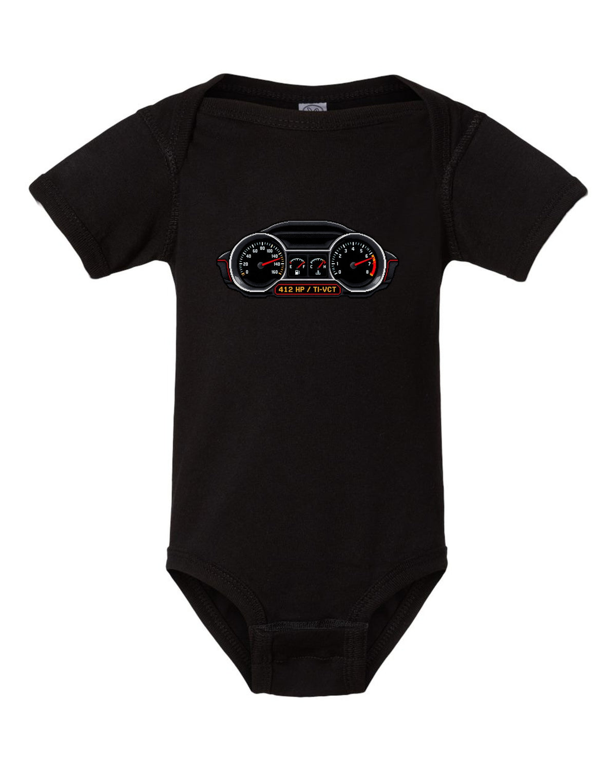 Pixel art 2005-2014 S197 Ford Mustang fastback with Coyote 412 HP gauges black baby onesie front view with the design
