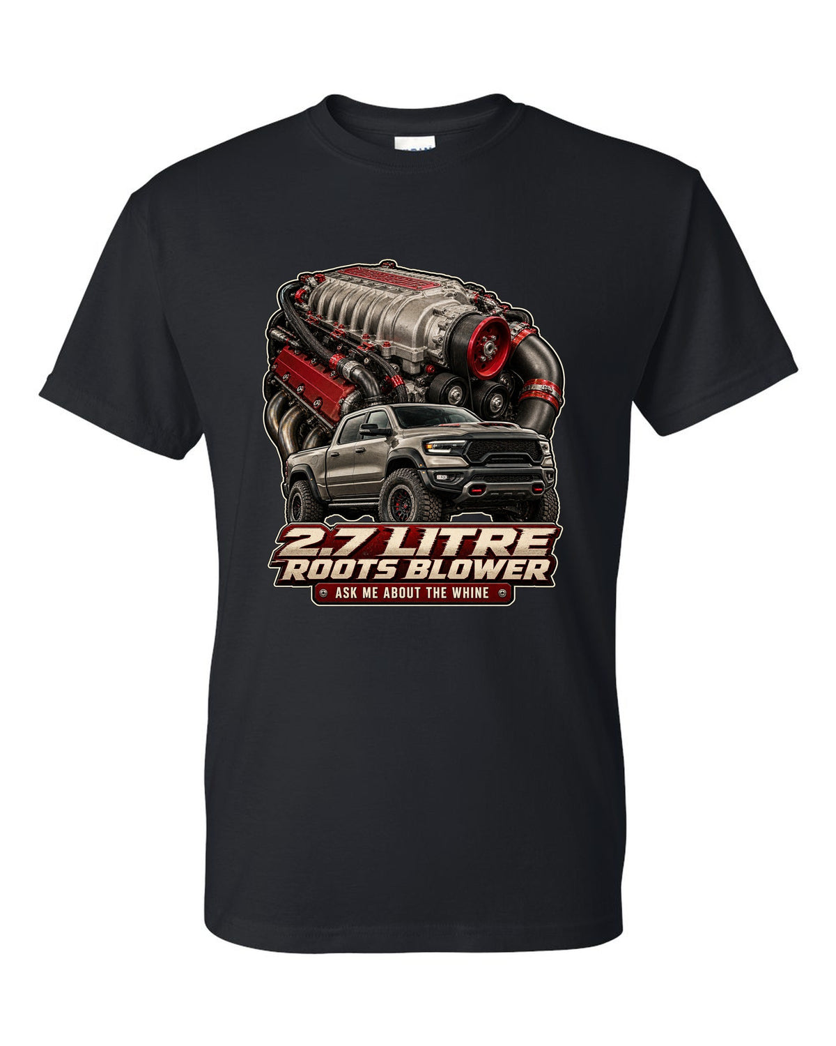 Ram 1500 TRX 2.7 litre Roots supercharger engine poster print black t-shirt front view with the design
