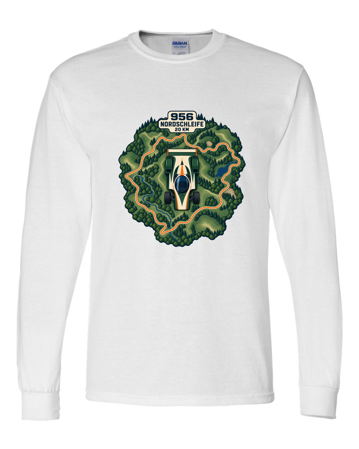 Topographic route map of the Nordschleife with Porsche 956 lettering white long sleeve front view with the design