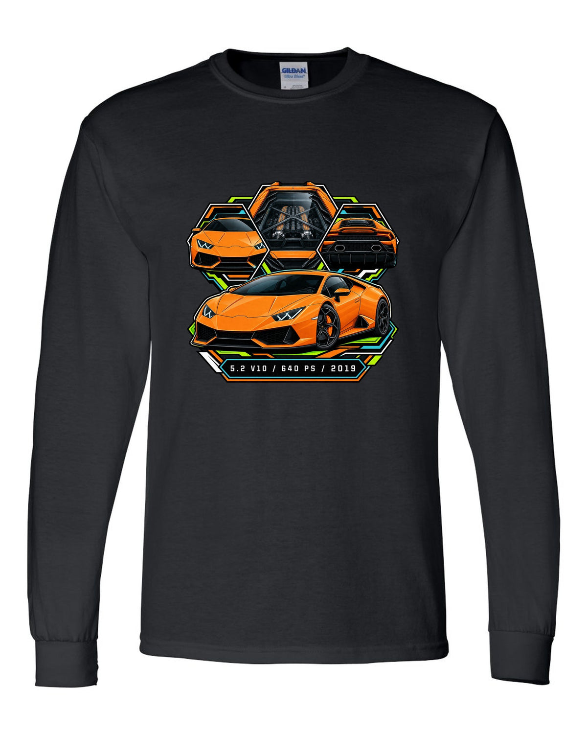 Spec-sheet data plate with a Lamborghini Huracan Evo LP640-4 and text 5.2 V10 / 640 PS / 2019 black long sleeve front view with the design