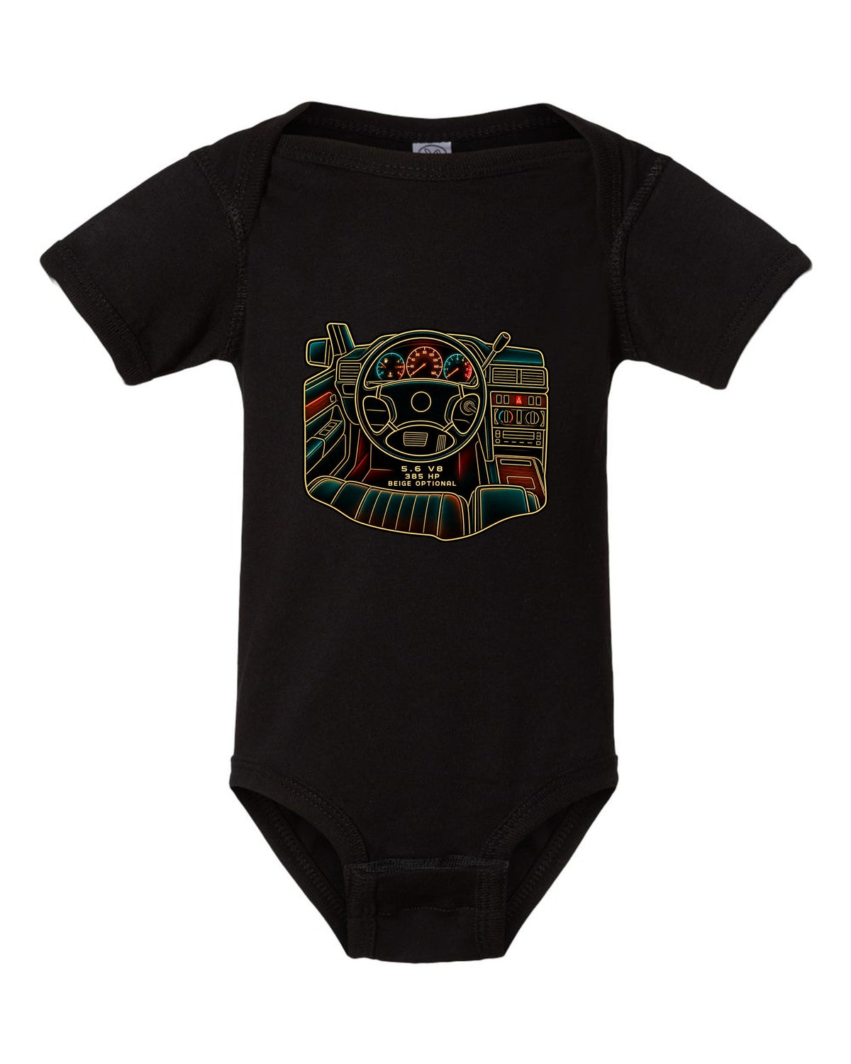 Minimal single-line drawing of a Mercedes 300E Hammer W124 with 5.6 V8 and 385 HP text black baby onesie front view with the design